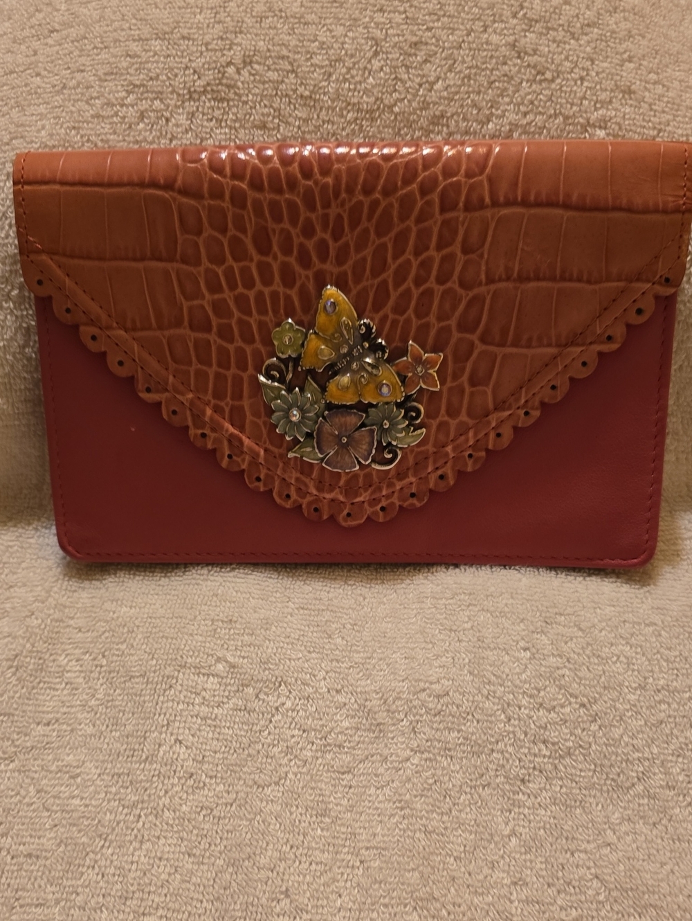 Brighton Vintage Butterfly Floral Croc Orange Leather Wallet Clutch